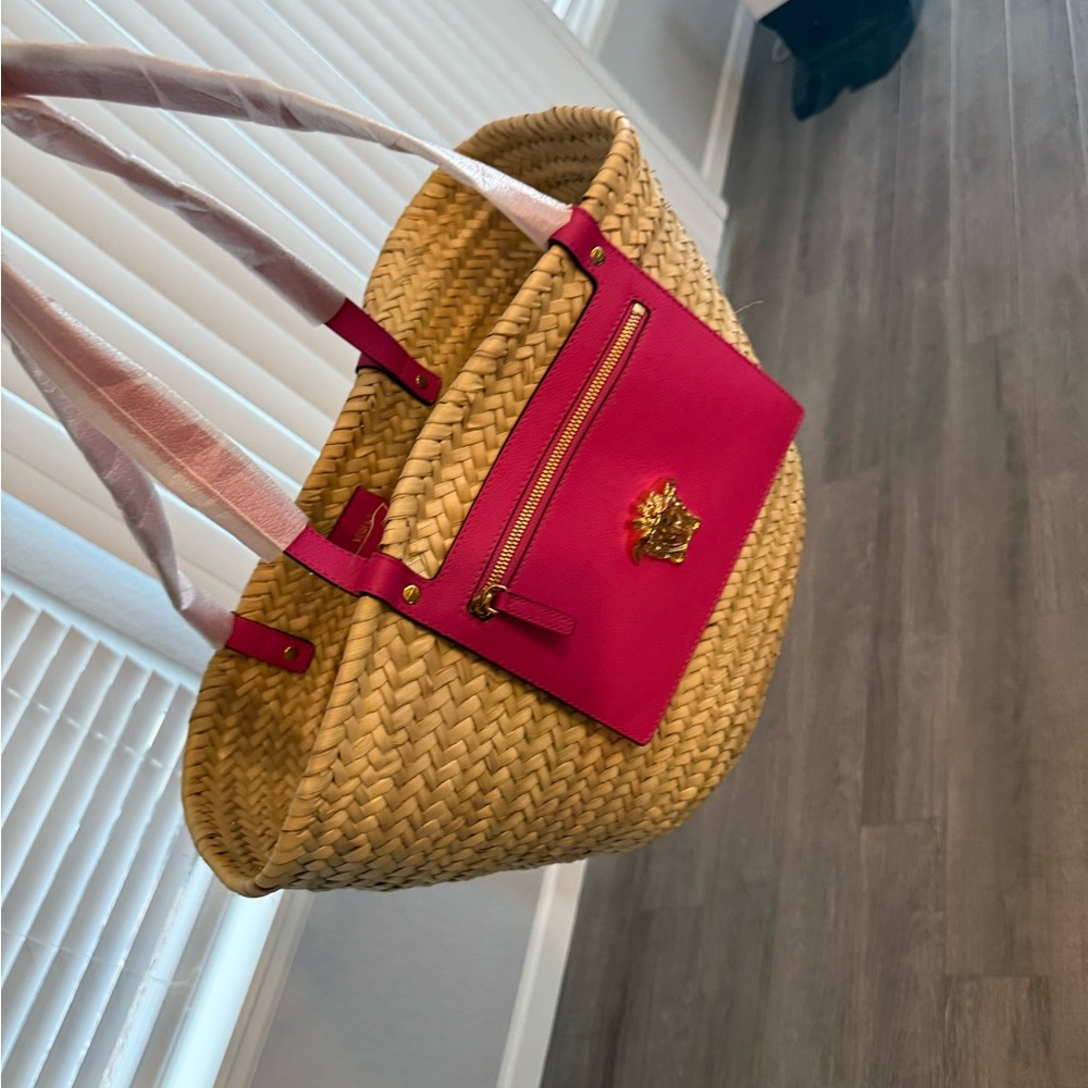 Versace Pink Designer Straw Tote Bag